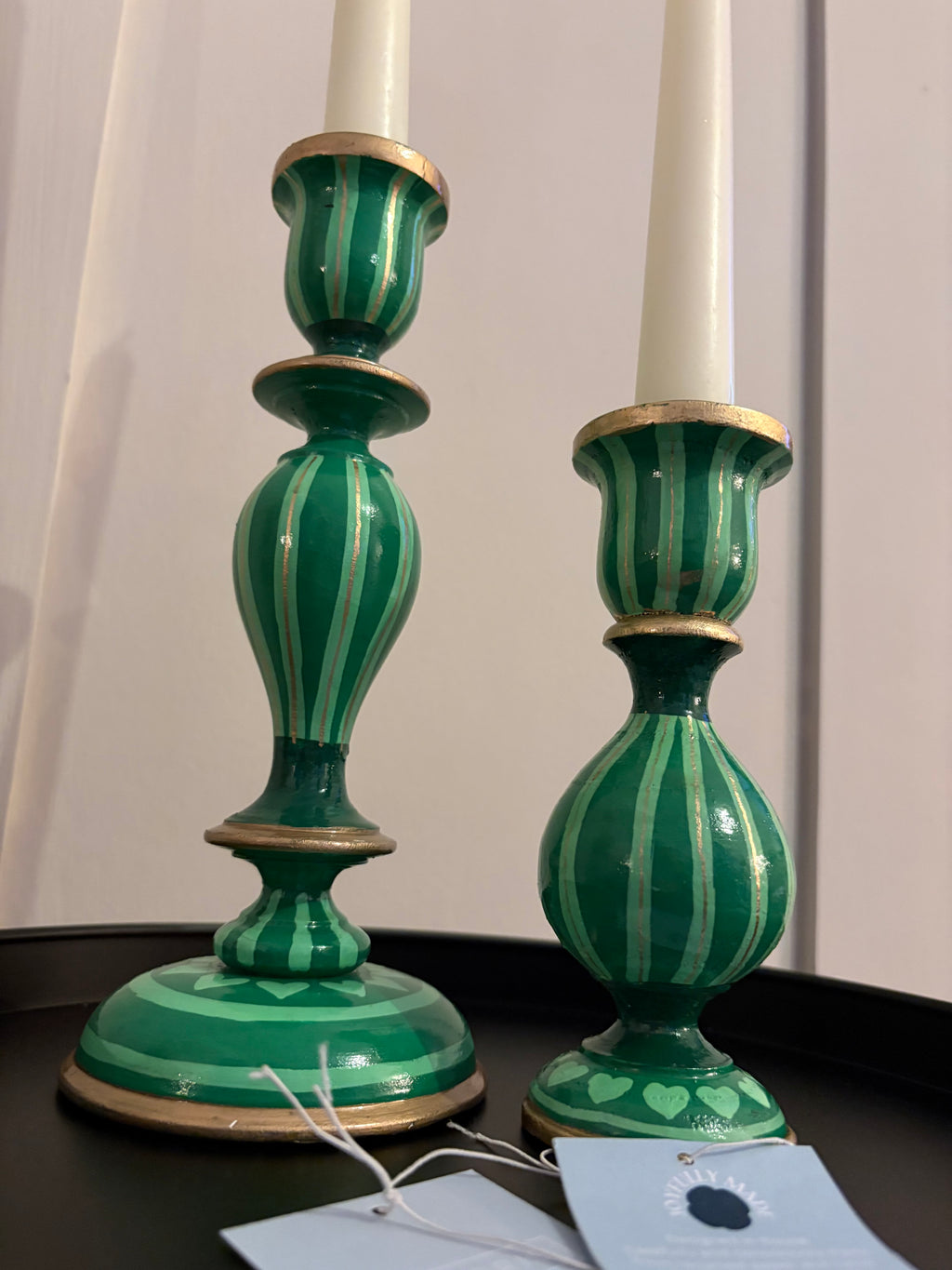 Two Green Hand Painted Candlestick Holders