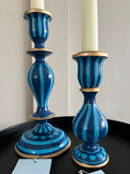 Two Blue Hand Painted Candlestick Holders