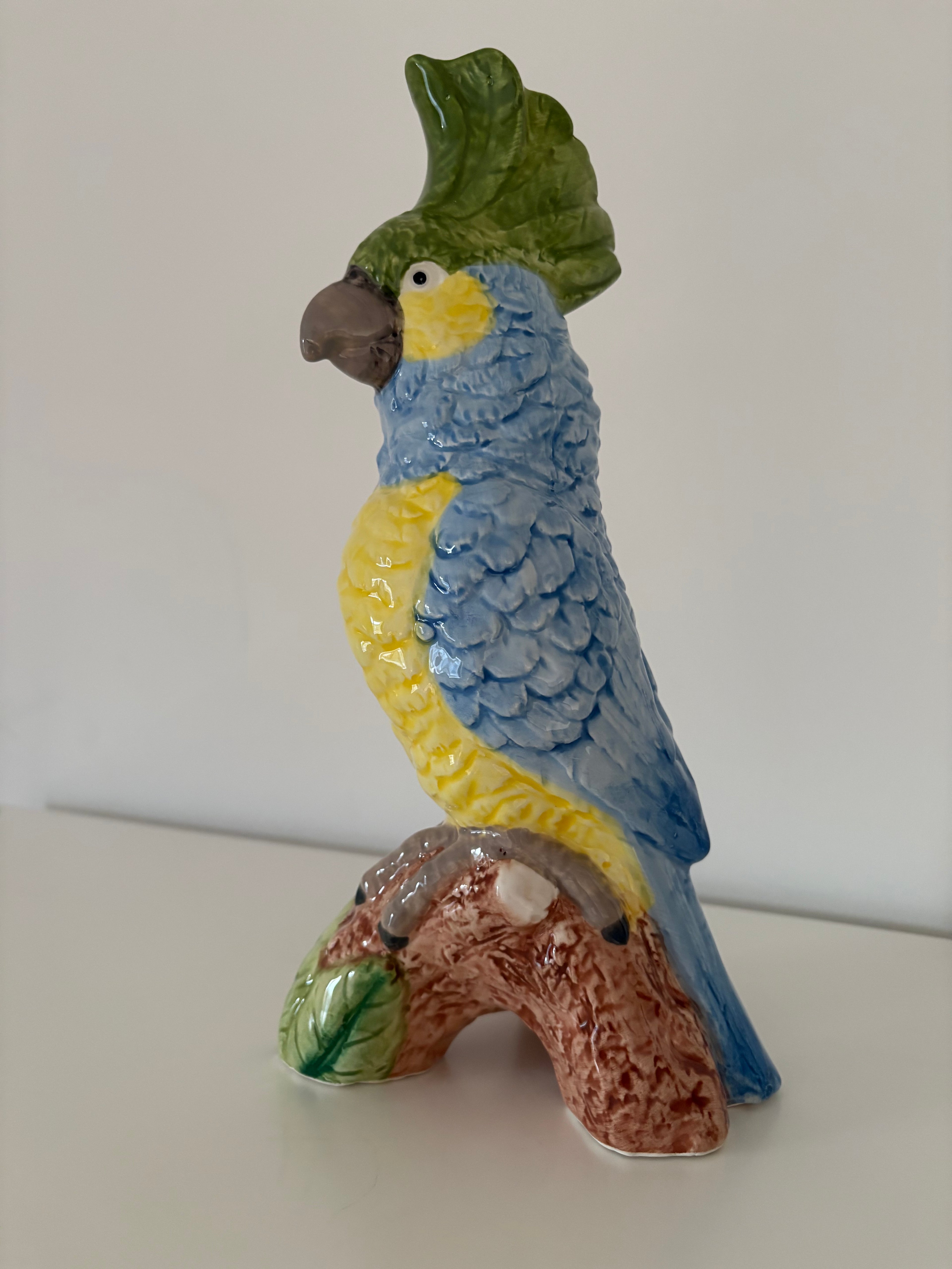 Blue & Yellow Parrot on Perch Ceramic Vase