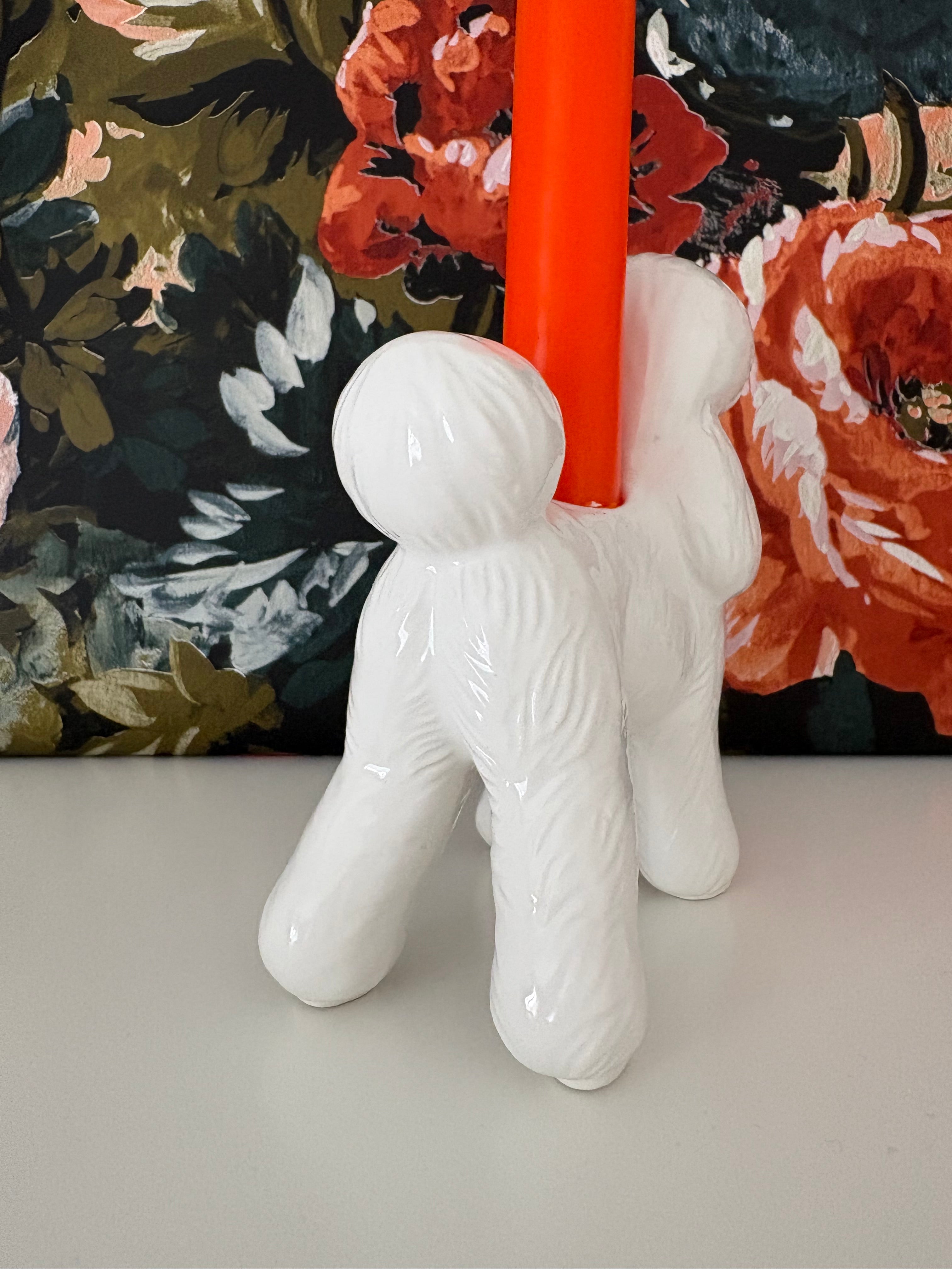White Poodle Ceramic Candlestick Holder