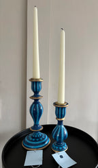 Two Blue Hand Painted Candlestick Holders