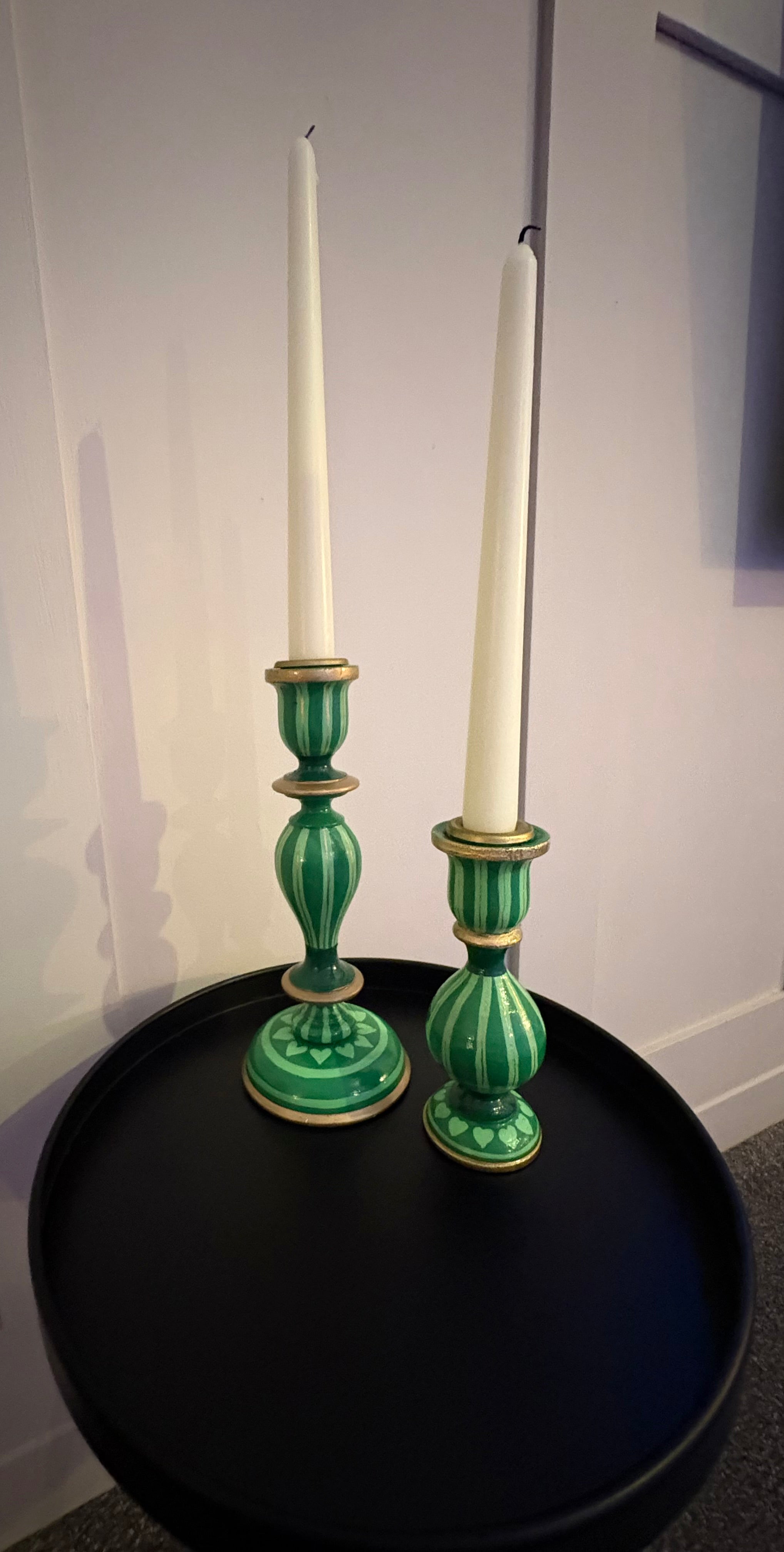 Two Green Hand Painted Candlestick Holders