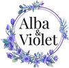 Floral wreath with 'Alba & Violet' text on a white background with violet flowers around