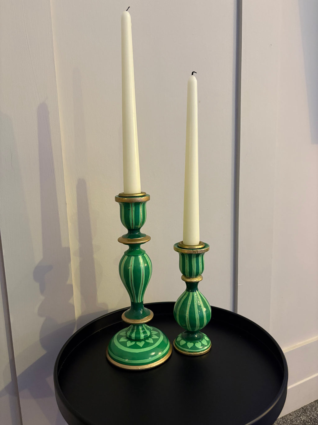 Two Green Hand Painted Candlestick Holders