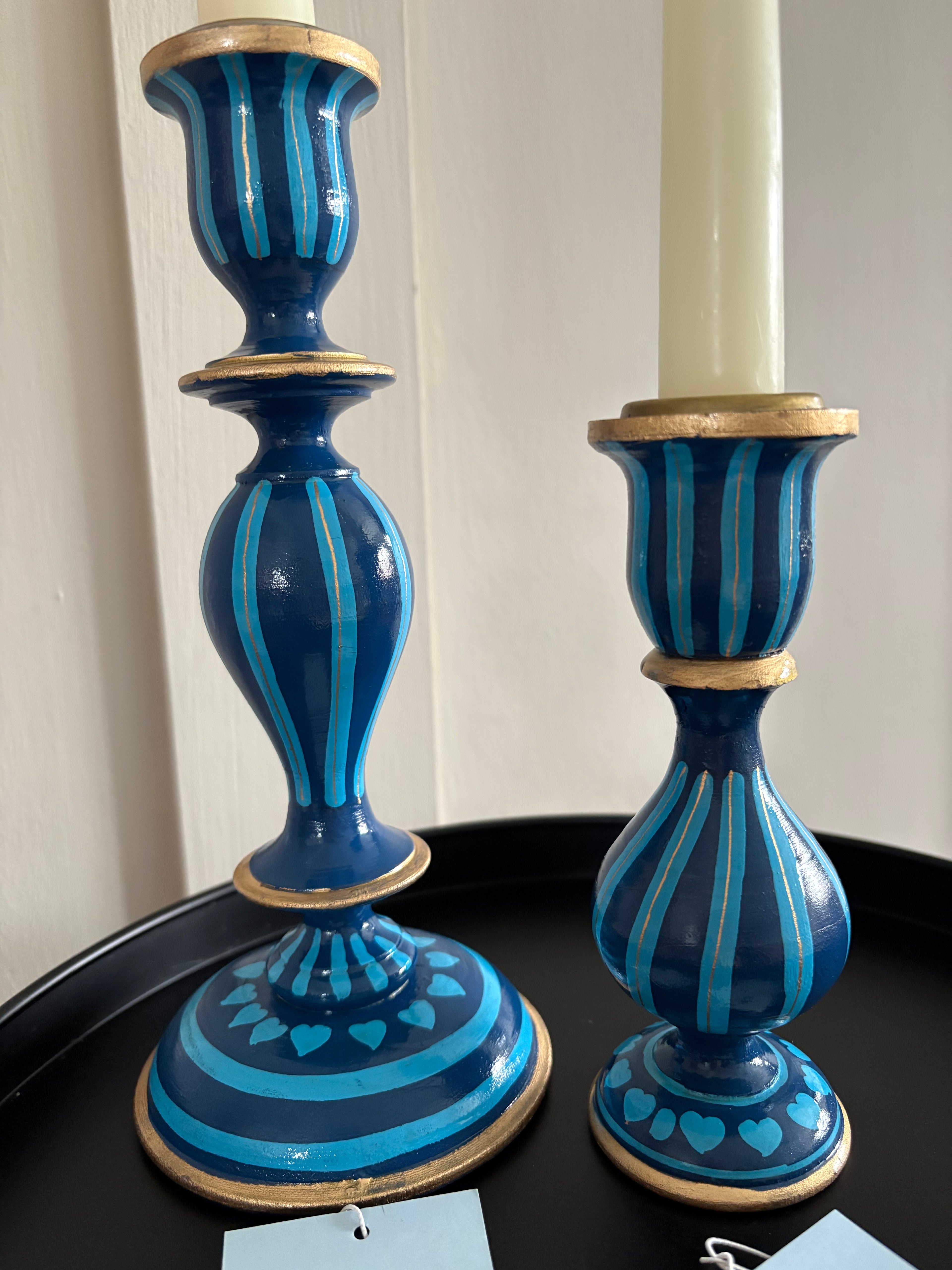 Two Blue Hand Painted Candlestick Holders
