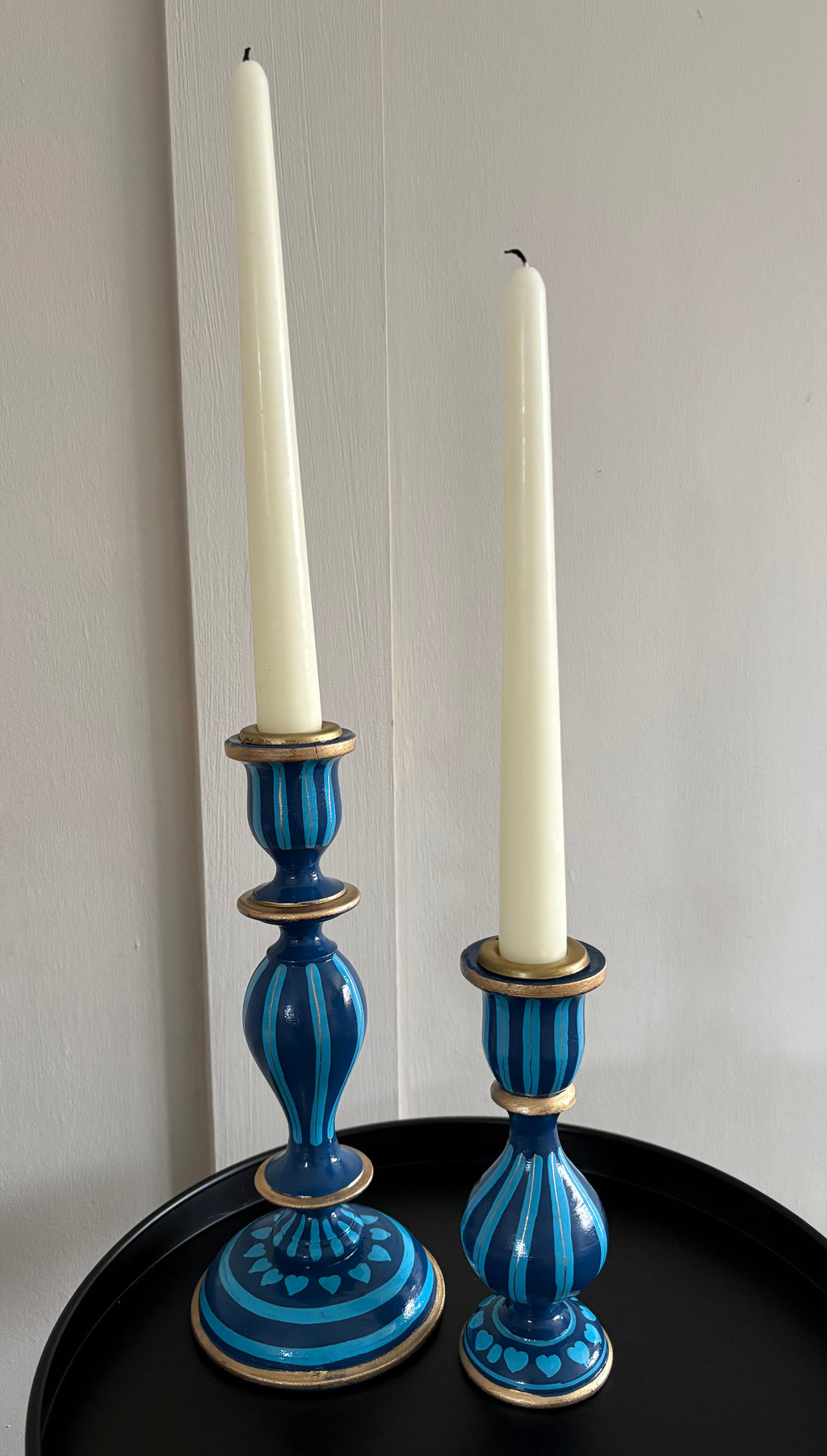 Two Blue Hand Painted Candlestick Holders