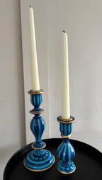 Two Blue Hand Painted Candlestick Holders