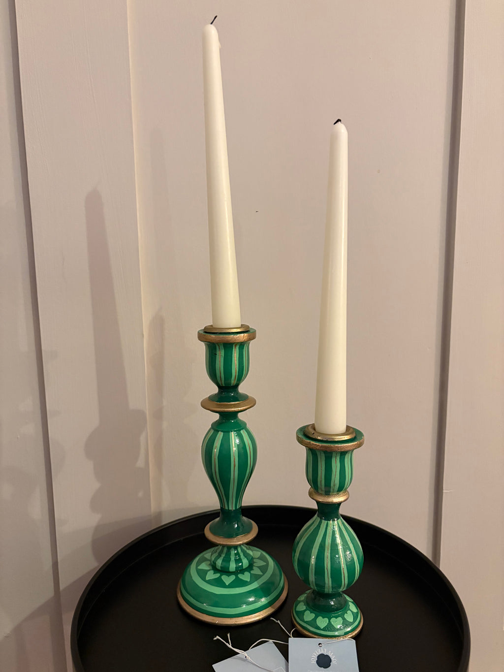 Two Green Hand Painted Candlestick Holders