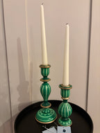 Two Green Hand Painted Candlestick Holders