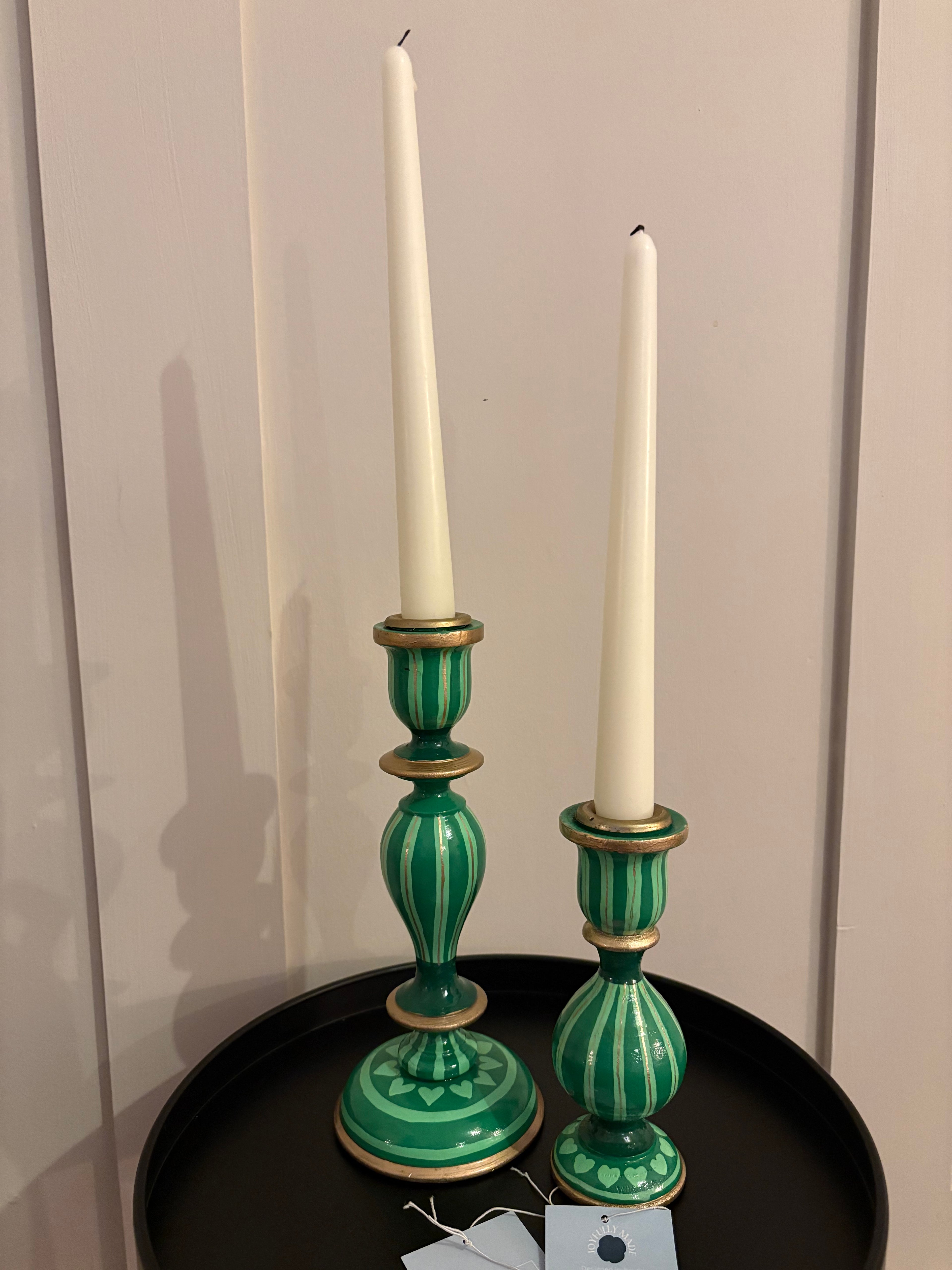 Two Green Hand Painted Candlestick Holders